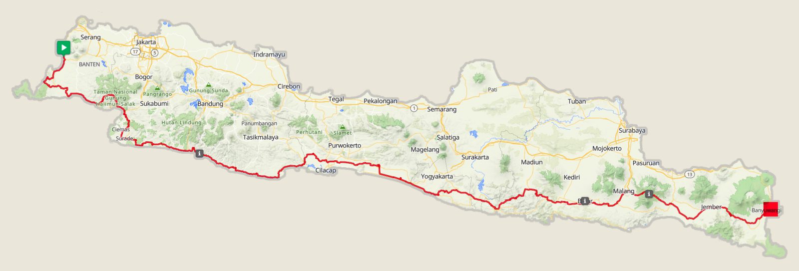 The route across Java, from Carita in the west to Banyuwangi in the east.